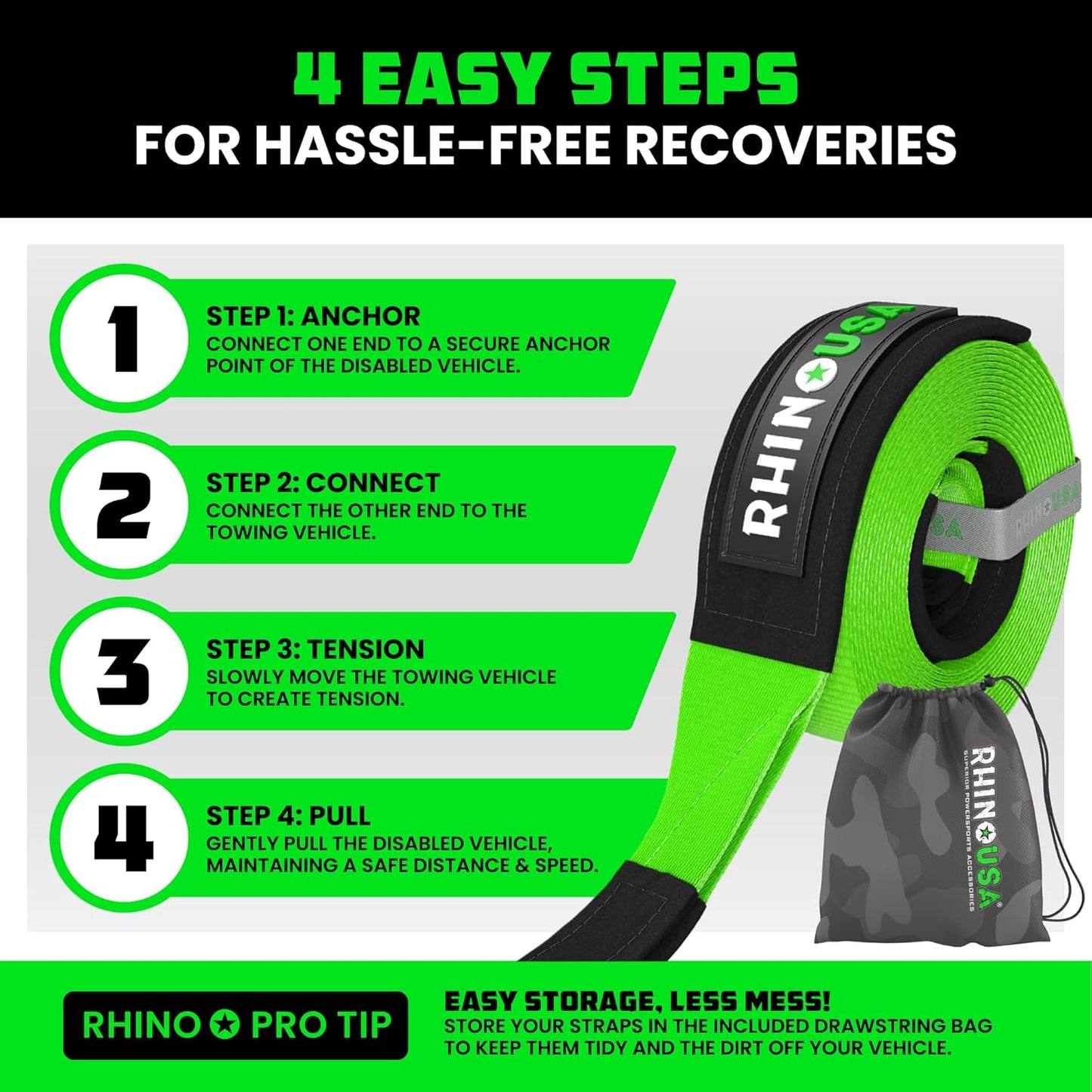 Rhino USA Recovery Tow Strap (3" x 20') - 31,518lb Break Strength - Emergency Recovery Strap Tow Rope for Truck, UTV, ATV & More - Heavy Duty Towing Strap for Offroad 4x4 Use - Compatible with Jeep