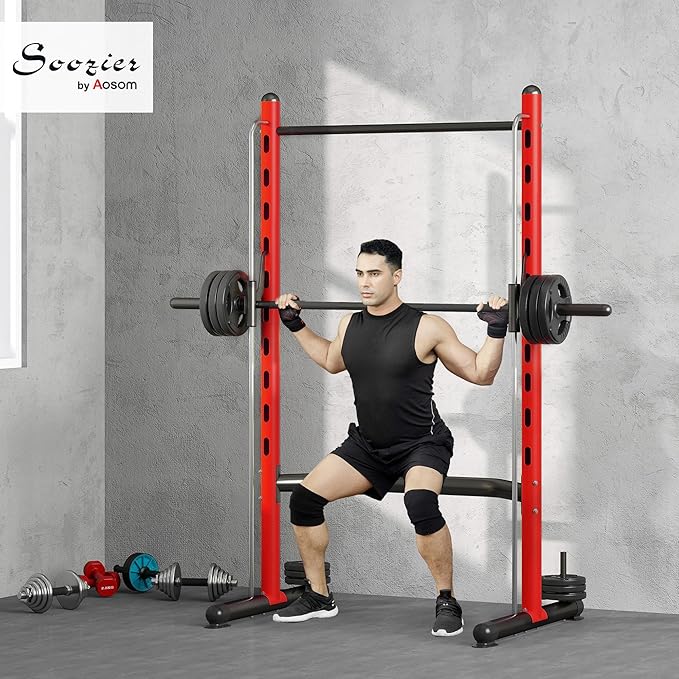 Soozier Squat Rack with Pull-Up Bar, Adjustable Power Rack with Barbell Bar, Multi-Functional Bench Press Rack for Home Gym Strength Training