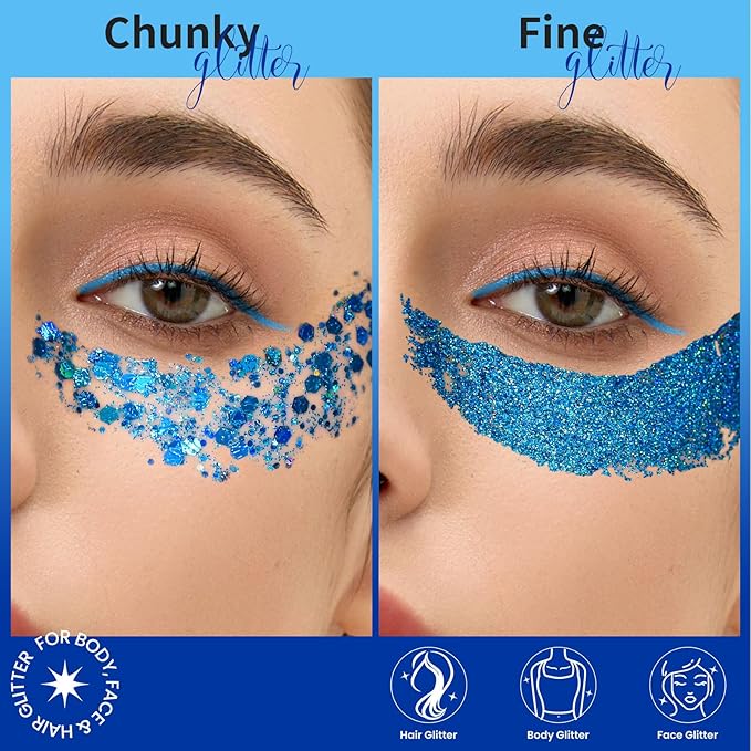 Teenitor Face Glitter, 2pcs Blue Body Glitter Gel, 20g/0.7oz Makeup Glitter for Face, Body, Eye, Hair Glitter Gel, Blue Glitter in 2 Sizes