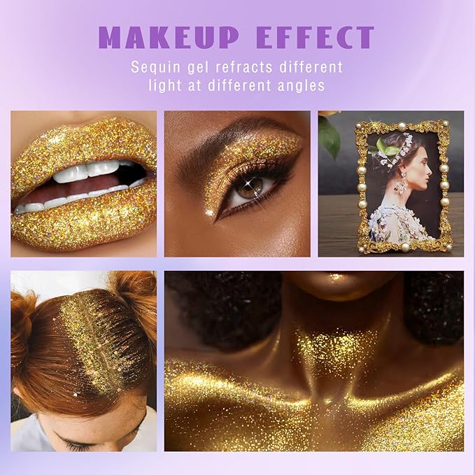Roll-on Holographic Body Glitter Gel for Face Hair, Chameleon Color Changing Glitter Gel Under Light, Chunky Mermaid Sequins Festival Party Rave Accessories Shimmer Makeup (18# Gold)