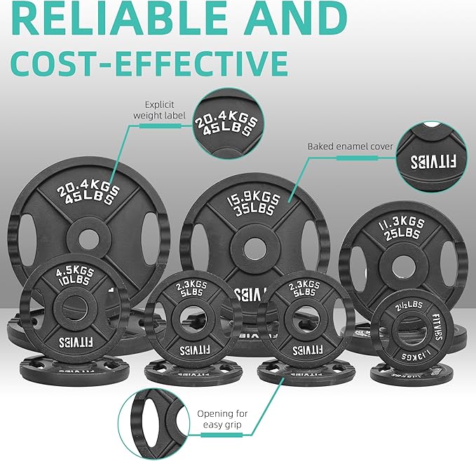 Olympic Cast Iron 2-Inch Weight Plates for Strength Training & Weightlifting, 255 Pounds Set, Multiple Packages