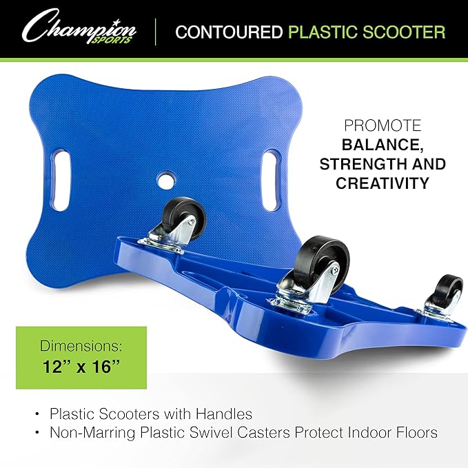 Champion Sports Scooter Board – Choice of Handles or No Handles, Durable Plastic Scooters for Youth Gym & PE Class, Indoor & Outdoor Play, Non-Marring Wheels, Multiple Sizes & Colors