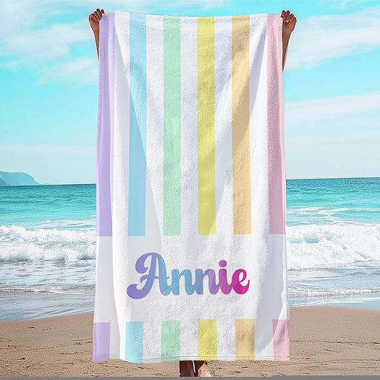 JML Personalized Beach Towel with Name, Custom Rainbow Cabana Stripe Beach Towel, Customized Microfiber Pool Towel, Quick Dry & Absorbent Swim Towel for Adult,Anniversary, Birthday, Summer Holiday