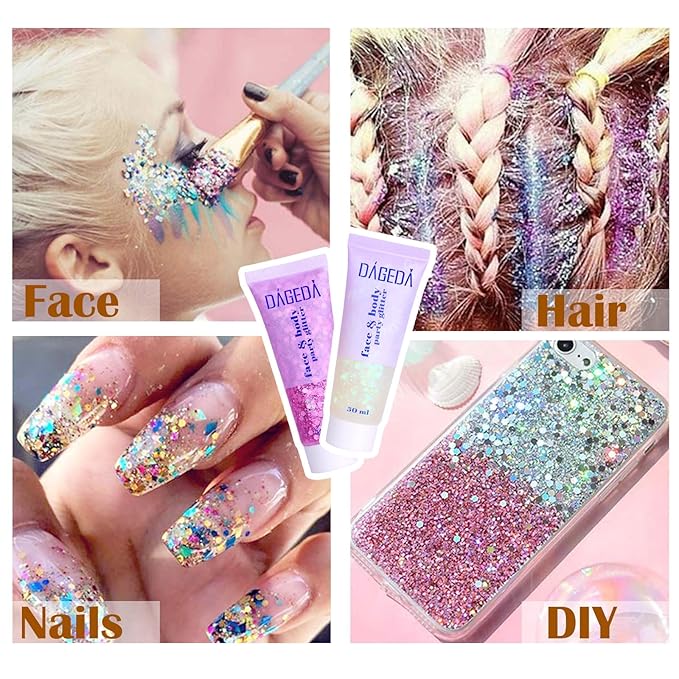 DAGEDA Body Glitter Gel, Face Glitters Body Gel Sequins Shimmer Liquid Eyeshadow, Chunky Glitter for Face Hair Nails, Holographic Cosmetic Laser Powder Festival Glitter Makeup 50ml(Red)