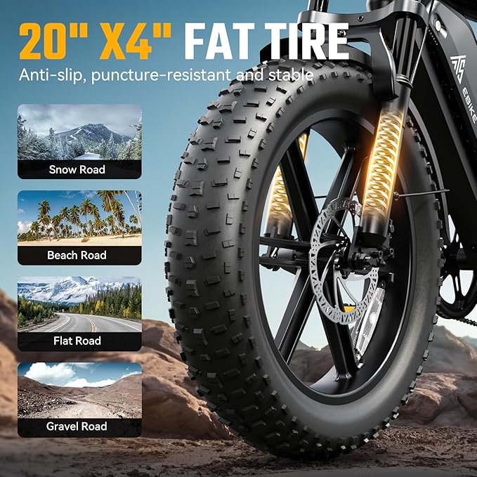 TST Electric Bike for Adults 1500W Peak 20" Fat Tire All-Terrain E-Bike 60/110 Miles 28MPH Electric Dirt Bike for Road Sand Mountain Snow - 48V 15/25AH Battery Powered Electric Motorcycle