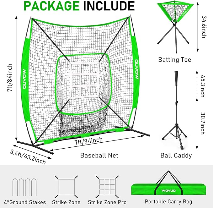 7x7 ft Baseball Net for Batting Pitching Hitting, Softball Pitching Net with Strike Zone, Tee, Ball Caddy, Softball Batting Net Baseball Training Equipment for Kids Adult Youth Sport Practice