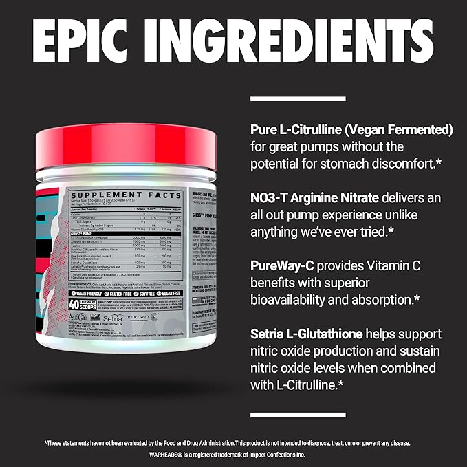 GHOST Pump Nitric Oxide Powder, Warheads Sour Watermelon - 40 Servings - Sugar & Stim-Free Pre-Workout Supplements- L-Citrulline, Arginine Nitrate & L-Glutathione - Soy & Gluten-Free, Vegan