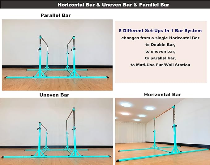 Gymnastics Double Horizontal Bars 3Play Parallel Bars Uneven Bars Gymnastics Training Kip Bar with 304 Stainless Steel Regulating Arms & Fiberglass Rail for Indoor Outdoor Home Club Use