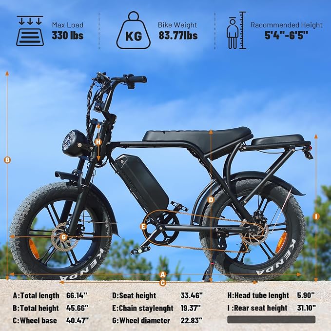 V8 Electric Bike for Adults, 20'' Fat Tire E Bike with Powerful Motor 48V 15Ah Removable Battery, 7-Speed Gears, 2 Seater E-Bike, Ebike Moped Style for Mountains, Snow, Sand, Road