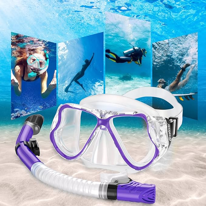 Greatever Dry Snorkel Set,Panoramic Wide View,Anti-Fog Scuba Diving Mask,Professional Snorkeling Gear