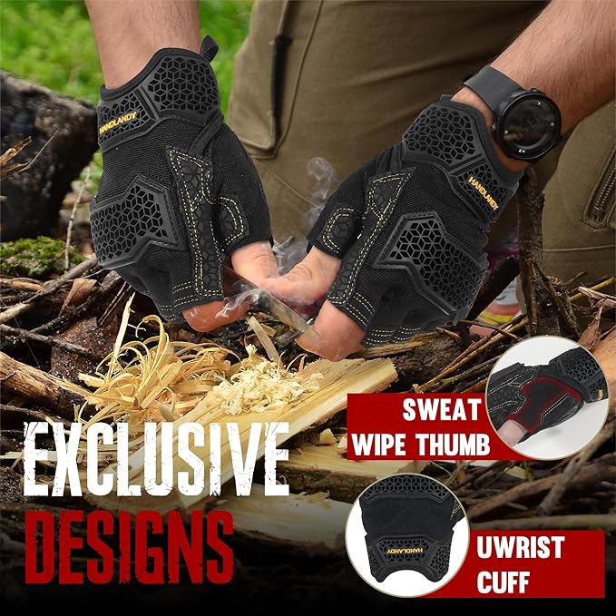 HANDLANDY Fingerless Work Gloves for Men, Padded Impact Tactical Mechanics Gloves, Grip Utility Trucker Driver Gloves (Black- impact, Medium (Pack of 1))