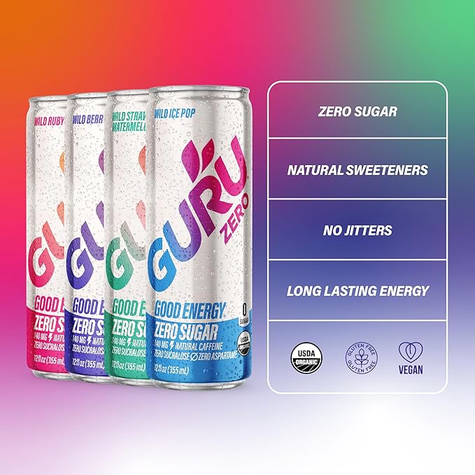 GURU ZERO SUGAR Organic Energy Drinks Variety Pack, Clean Energy Drink with Plant Based Natural Caffeine from Green Tea, Coconut Water, Prebiotic, Zero Added sugars, Gluten Free and Vegan, Pre Workout, Healthy Drinks, 12oz (Pack of 12)