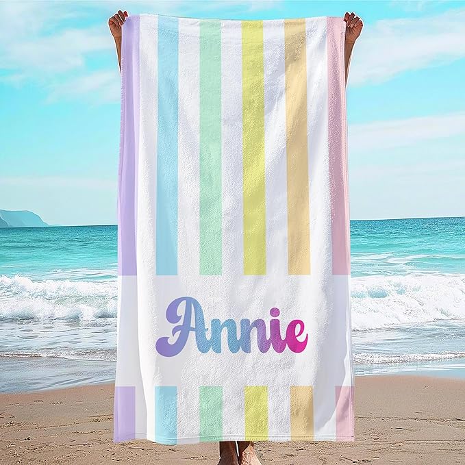 JML Personalized Beach Towel with Name, Custom Rainbow Cabana Stripe Beach Towel, Customized Microfiber Pool Towel, Quick Dry & Absorbent Swim Towel for Adult,Anniversary, Birthday, Summer Holiday