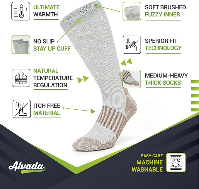 Alvada Merino Wool Hiking Socks Thermal Warm Crew Winter Boot Sock For Men & Women 3 Pairs