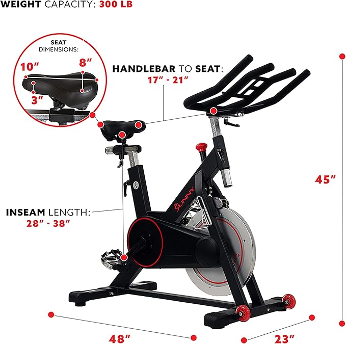 Sunny Health & Fitness Magnetic Exercise Bike, 44LB Flywheel & 300LB Weight Capacity for Intensive Home Workout, Indoor Cardio Training w/4-Way Adjustable Seat, Optional Free SunnyFit App Connection