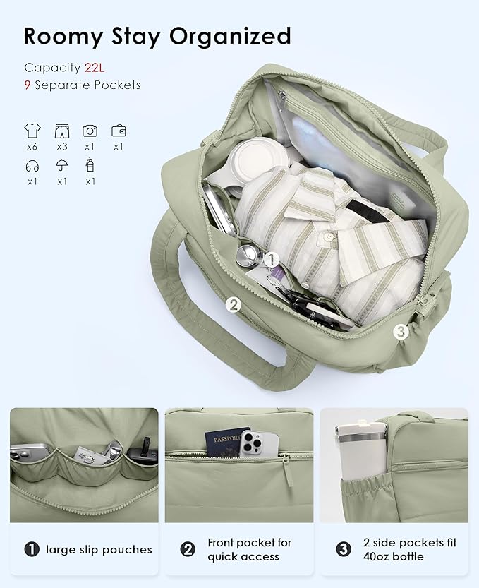 Gym Bag for Women, Travel Duffle Bags with Wet Pocket, Lightweight Carry on Bag Overnight Weekender Duffel Bag, Water Resistant (Light Green)