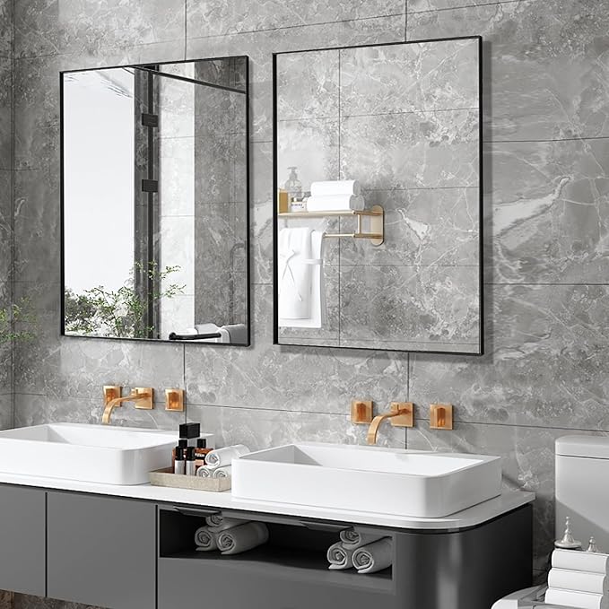 27x36 Inch Black Bathroom Mirror for Wall, Aluminum Frame Rectangle Rectangular Vanity Mirror, Modern Large for Bedroom, Living Room, Horizontal or Vertical