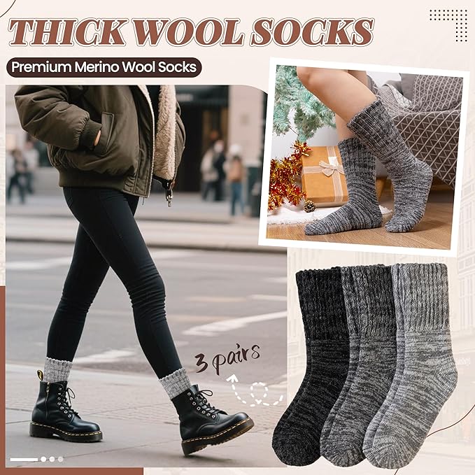 Merino Wool Boot Socks Thermal Winter Ski Thick Warm Hiking Socks for Women Men 3 Pairs