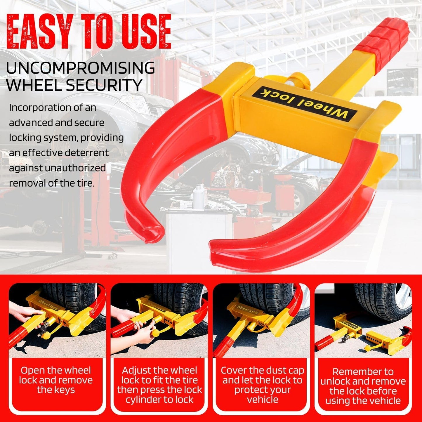 Flexzion Trailer Wheel Lock Anti Theft Wheel Clamp Lock - Heavy Duty Adjustable Tire Boot Lock for Trailer with Keys, Red & Yellow Universal Wheel Clamp for Cars, Golf Carts, Boats, Scooters
