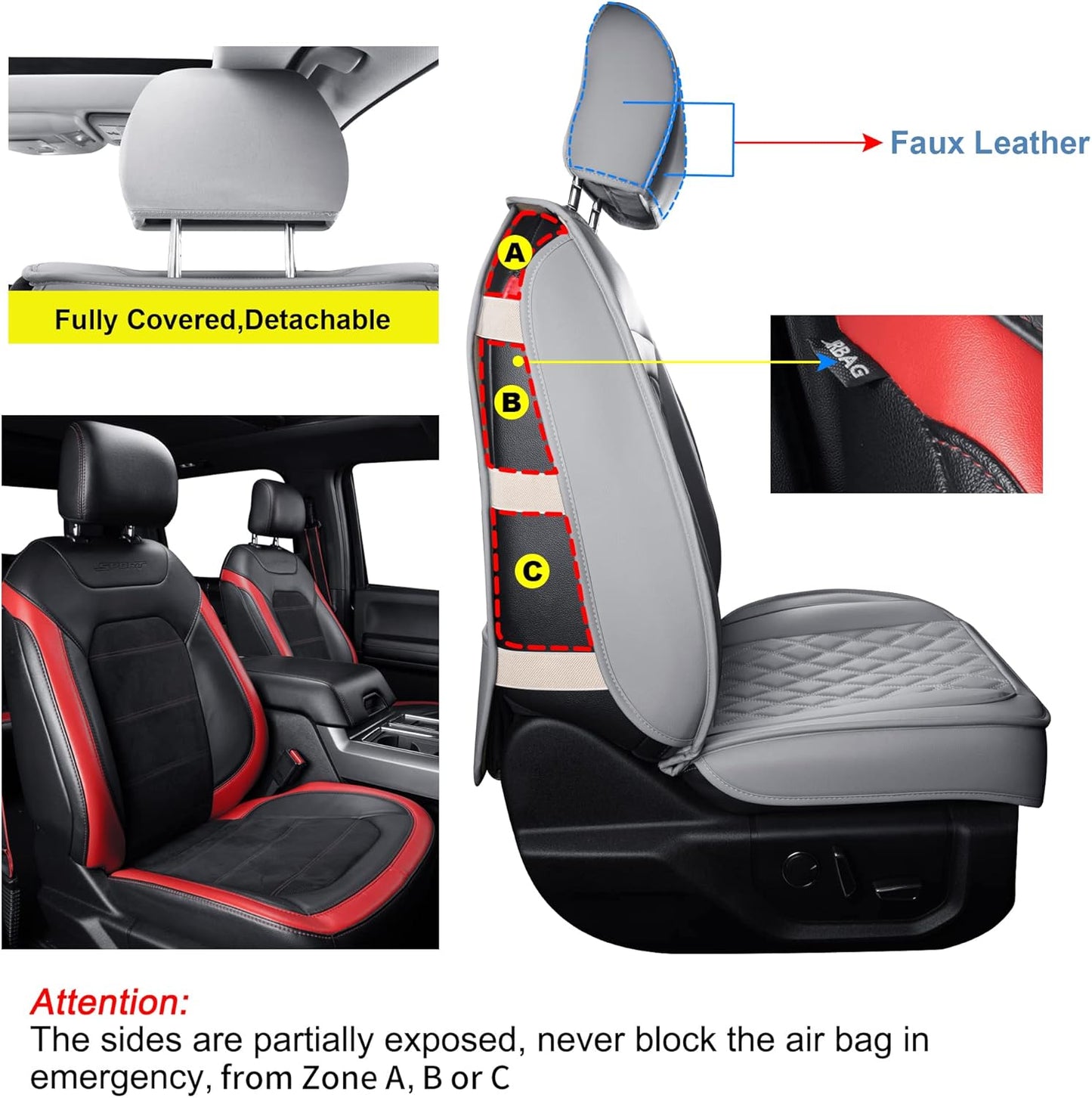 LUCKYMAN CLUB F150 Faux Leather Seat Covers Fit for 2015-2025 F150 and 2017-2025 F250 F350 F450 Pickup Trucks(Full Set, Gray)