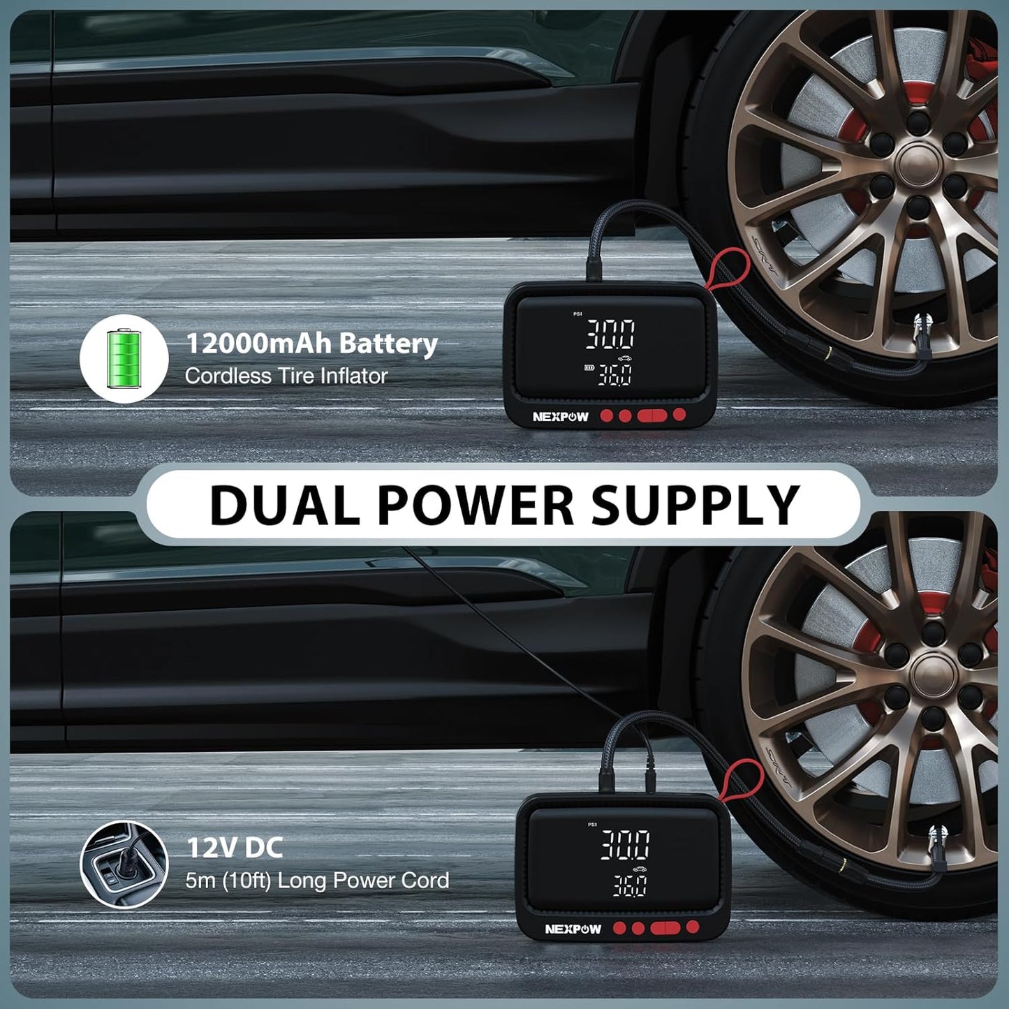 NEXPOW Tire Inflator Portable Air Compressor, 150 PSI Cordless Air Pump for Car Tires with Dual Digital Pressure Gauge and Auto Shut-Off, Portable Tire Inflator for Car, Motorcycle, Bicycle, Balls etc