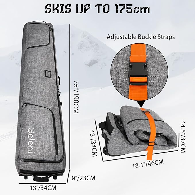 Goloni Ski Bag with Wheels,Padded Snowboard Bag for Air Travel,600D Waterproof Fabric,Foldable Snow Bag Fits 2 Pairs Skis