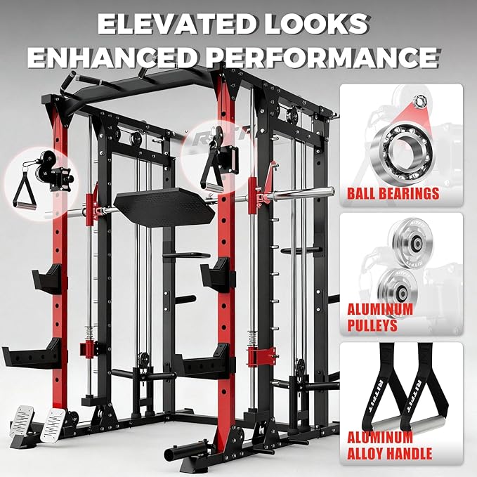 RitFit Smith Machine Power Cage with LAT Pulldown & Cable Crossover, All-in-One Power Rack Home Gym System with Leg Press Attachment & Accessories