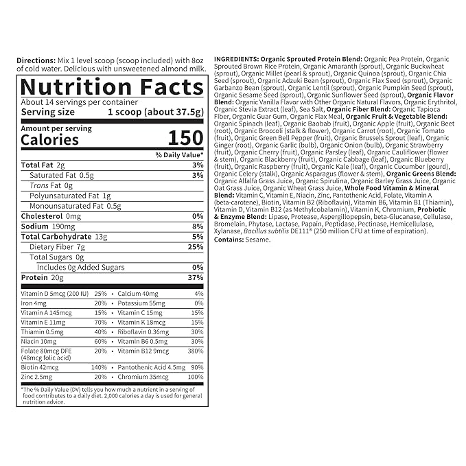 Garden of Life Meal Replacement Shakes, Raw Organic, Vanilla Protein Powder with Plant Based Pea Protein, Sprouts, Greens, Probiotics, Dairy Free 14 Servings