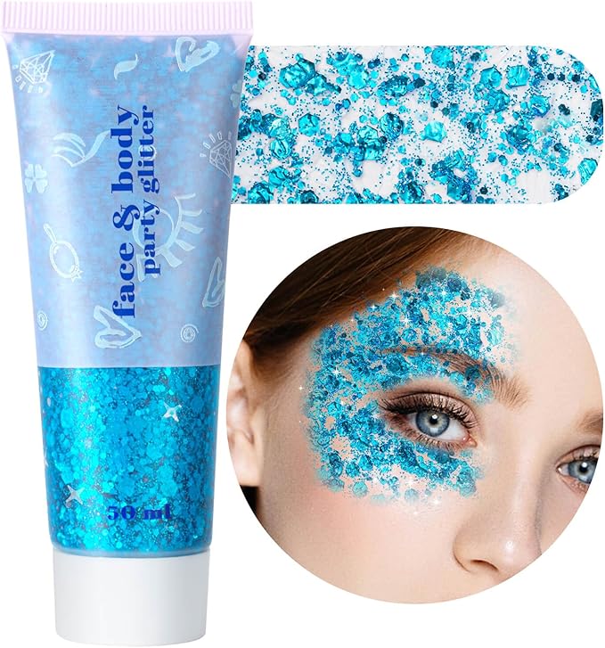MEICOLY Sky Blue Body Glitter,Teal Face Glitter Gel,Halloween Glitter Face Paint,Light Blue for Face Body Eye Hair,Mermaid Turquoise Sparkling Makeup for Women Kids,50 ml