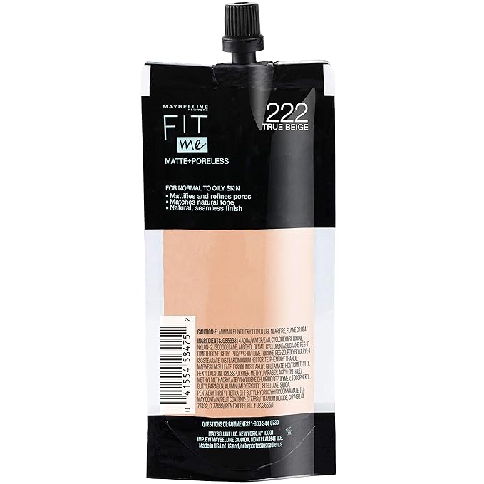 Maybelline New York Fit Me Matte + Poreless Liquid Foundation, Pouch Format, 222 True Beige, 1.3 Ounce