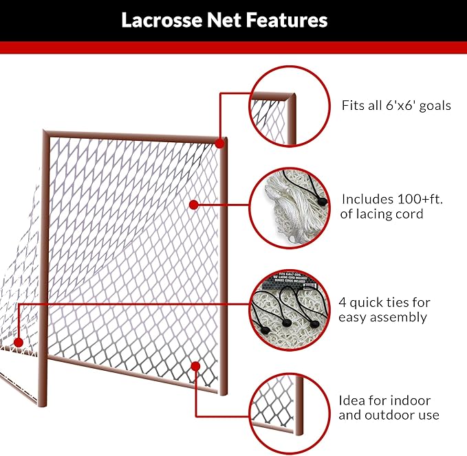 Velocity Heavy Duty Black & White Lacrosse Net - Fits 6’x6’x7’ Goals - Weatherproof, UV Resistant 1000D High-Strength Polyester - Comes with 100+ Feet of Lacing Cord and 4 Quick Ties