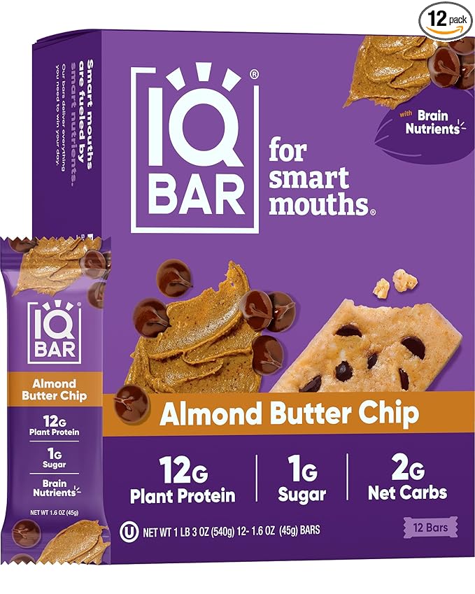 IQBAR Brain and Body Plant Protein Bars - Almond Butter Chip - 12-Count Low Carb - Gluten Free, High Fiber, Vegan Snacks - Low Sugar Meal Replacement