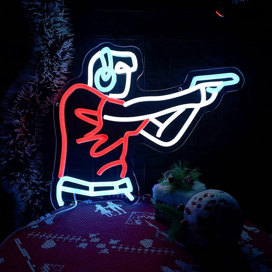 Man Shooting Neon Sign Gun Led Light Up Sign Game Player Gifts Dimmable Shooting Decor for Gun Club Decor Man Cave Game Room 15"×11.9"