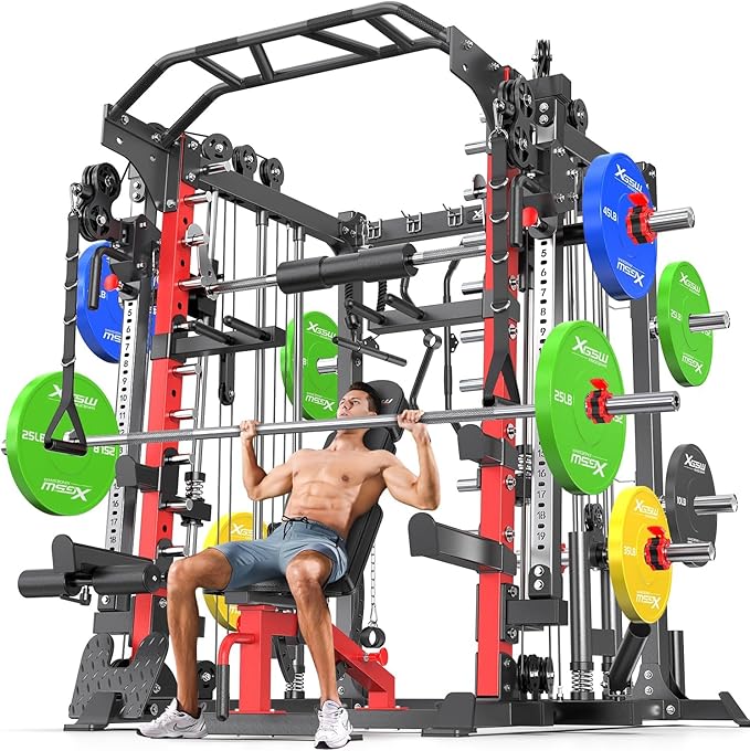 Smith Machine Power Rack Multifunctional Power Cage Deep Squat Rack Cable Crossover System Selectable More Training Attachment for Garage & Home Gym