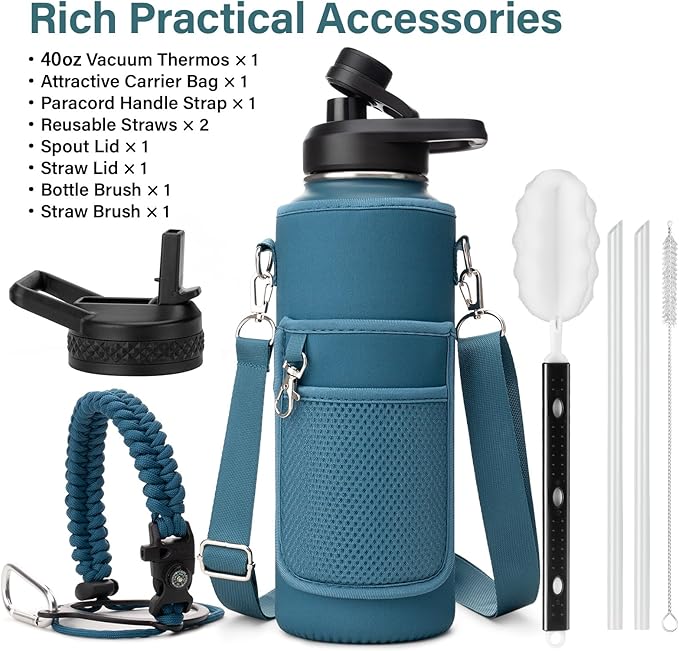 Insulated Water Bottle | Thickened Stainless Steel Vacuum Metal | Portable Sports Water Jug for Gym and Hiking with Straw, Carrier Bag, Handle Strap | BPA-Free 40 oz