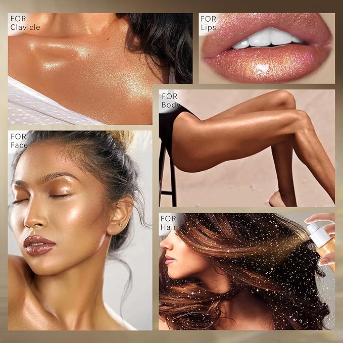 Body Glitter Spray, Moisturizing Bronze Body Shimmer Luminizer Glow Illuminator Quick-Drying and Non-Sticky Liquid Highlighter Spray for Face Hair Glitter, 60ML -Rose Gold