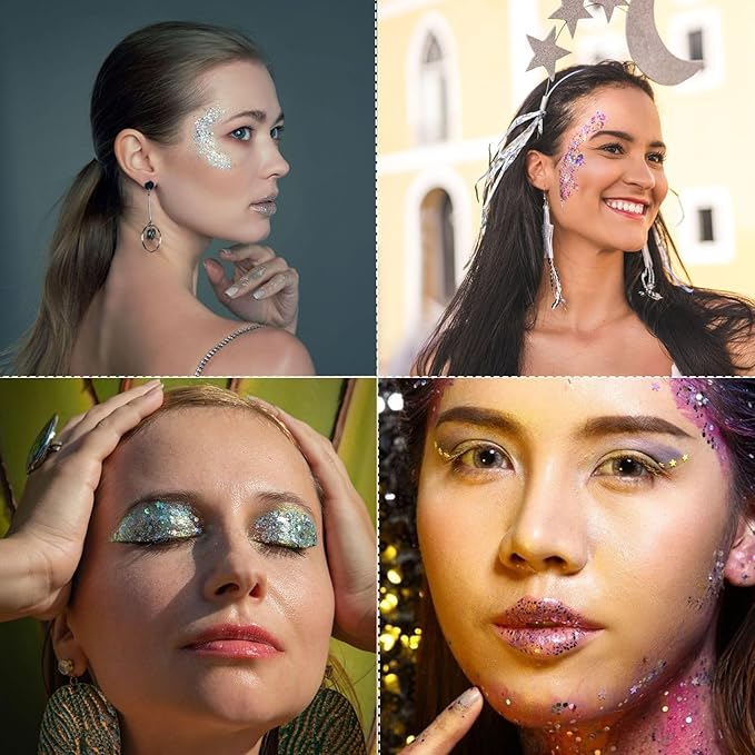 Body Glitter Gel - 4th of July Accessories, Sparkly Chunky Glitter Hair for Kids Women, Iridescent Glitter Freckles, Singer Concert Festival Rave Accessories (Mermaid Glitter)