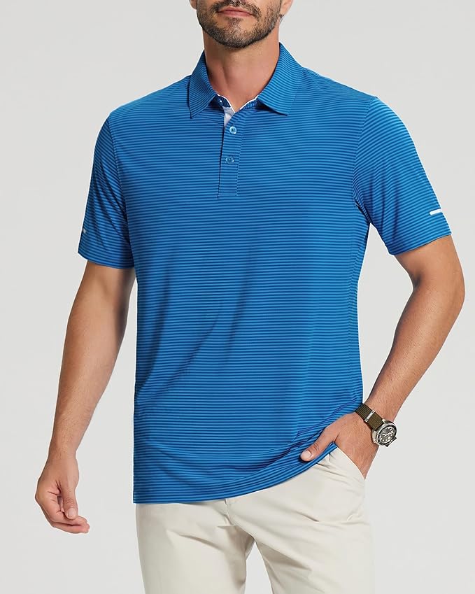 Golf Shirts for Men - Moisture Wicking Short Sleeve Performance Sport Casual Striped Collared Mens Polo Shirt