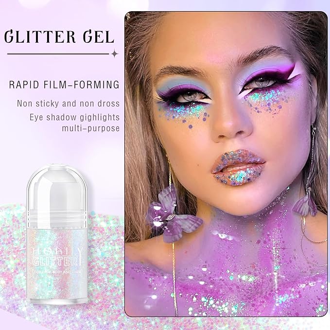 Roll-on Holographic Body Glitter Gel for Face Hair, Chameleon Color Changing Glitter Gel Under Light, Chunky Mermaid Sequins Festival Party Rave Accessories Shimmer Makeup (11# Mermaid)