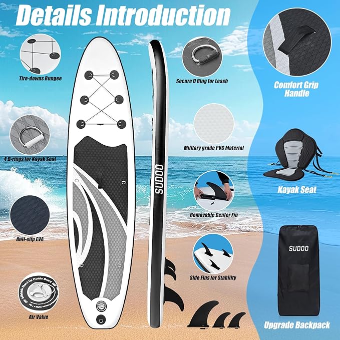 Inflatable Stand Up Paddle Board 10‘x30‘‘- Ultra-Light SUP with Backpack, Pump, Paddle, Coil Leash, 3 Fins, Repair Kit, Stable Design, Non-Slip EVA Deck for Adults & Youth