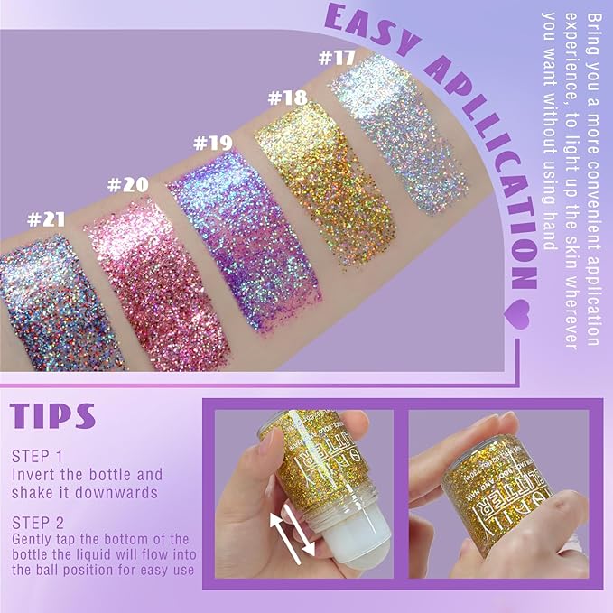 Roll-on Holographic Body Glitter Gel for Face Hair, Chameleon Color Changing Glitter Gel Under Light, Chunky Mermaid Sequins Festival Party Rave Accessories Shimmer Makeup (18# Gold)