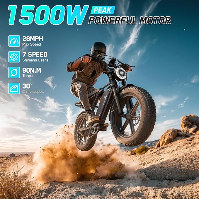 TST Electric Bike for Adults, 1500W Peak Brushless Motor 28 MPH 60 Miles/110 Miles Fat Tire E Bike with 48V 15Ah/ 25Ah Removable Battery 20" Electric Dirt Bike Hydraulic Suspension and 7-Speed