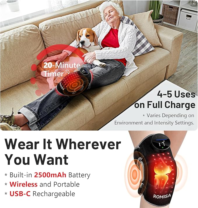 Red Light Therapy Knee Brace&Vibration Knee Massage for Pain Relief, 660nm&850nm Rechargeable Near Infrared Light Therapy Device for Knee/Elbow/Shoulder Faster Recovery for Cordless Use