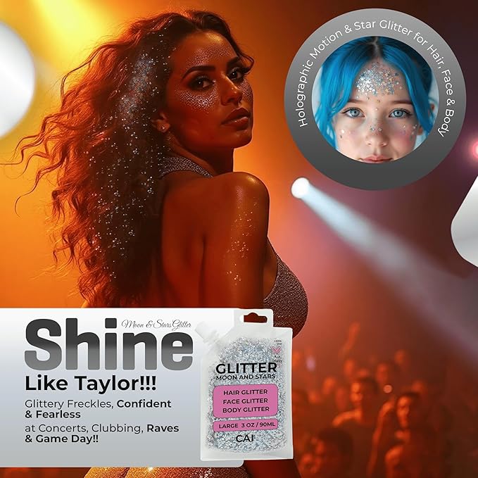 Hair Glitter Gel – Body Glitter for Kids and Women – Iridescent Holograph Cosmetic-Grade Gel w/Moon & Stars for Hair, Body & Face, Applies Smoothly w/o Glue & Washes Off Easily, 3 Oz - Red 2Pack