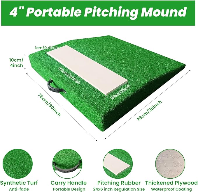 4" Pitching Mound, Baseball Pitcher's Mound with Carry Handle and Regulation Pitching Rubber, Baseball Pitching Training Equipment 30x30x4 Inch for Indoor and Outdoor