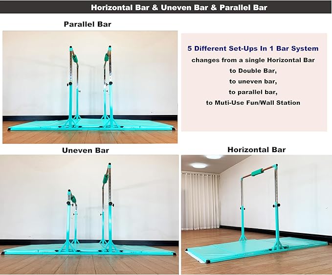 Gymnastics Double Horizontal Bars 3Play Parallel Bars Uneven Bars Gymnastics Training Kip Bar with 304 Stainless Steel Regulating Arms & Fiberglass Rail for Indoor Outdoor Home Club Use