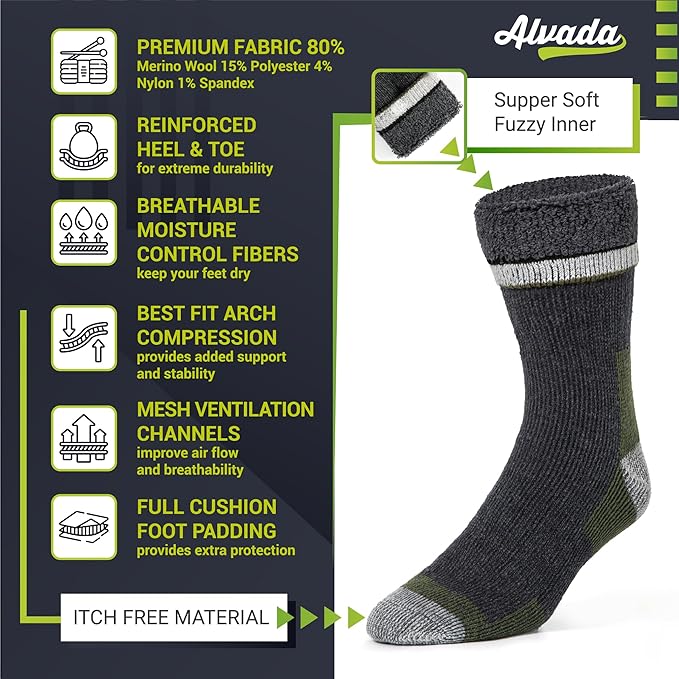Alvada Merino Wool Hiking Socks Thermal Warm Crew Winter Boot Sock For Men & Women 3 Pairs