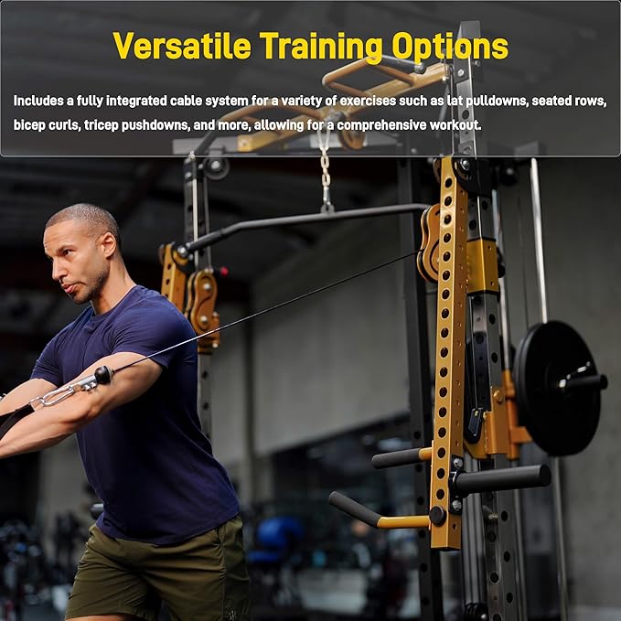 Power Rack with Dual Pulley System, Cable Crossover, LAT Pulldown, Bench Press & Squat Rack, Full Body Strength Training Cage for Home Gym