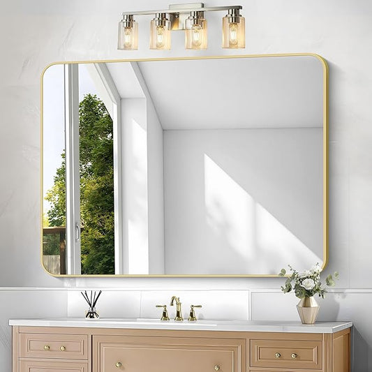 Gold Bathroom Mirror,36x48 inch Wall Mirror for Bathroom Wall Mounted,Round Rectangle Mirror for Bathroom Over Sink,Modern Frame for Home Decor Living Room,Bedroom Entryway,Horizontal/Vertical