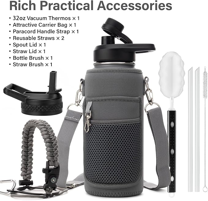 Insulated Water Bottle | Thickened Stainless Steel Vacuum Metal | Portable Sports Water Jug for Gym and Hiking with Straw, Carrier Bag, Handle Strap | BPA-Free 32 oz